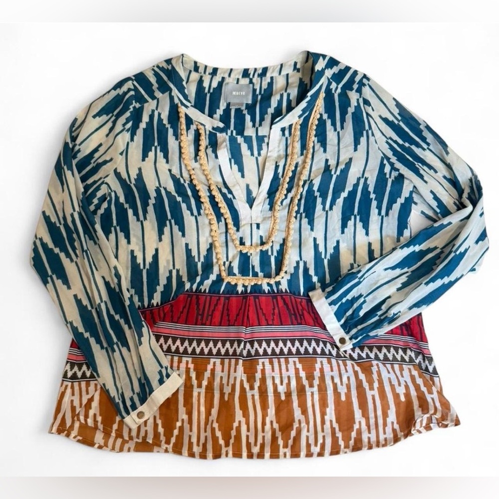 Maeve Teal Red & Cream Abstract Ikat Blouse Office Boho Abstract Teacher Flowy